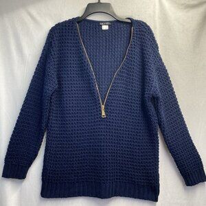 Venus Open Knit Long Sleeve Zipper V-Neck Pullover Sweater Women Large Navy Used